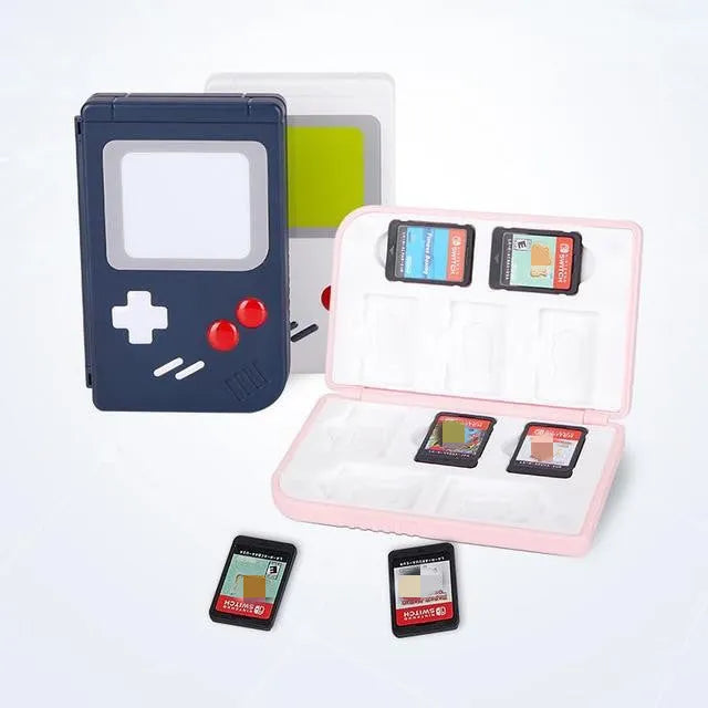 Blue Nintendo Switch game card storage box next to game cartridges.