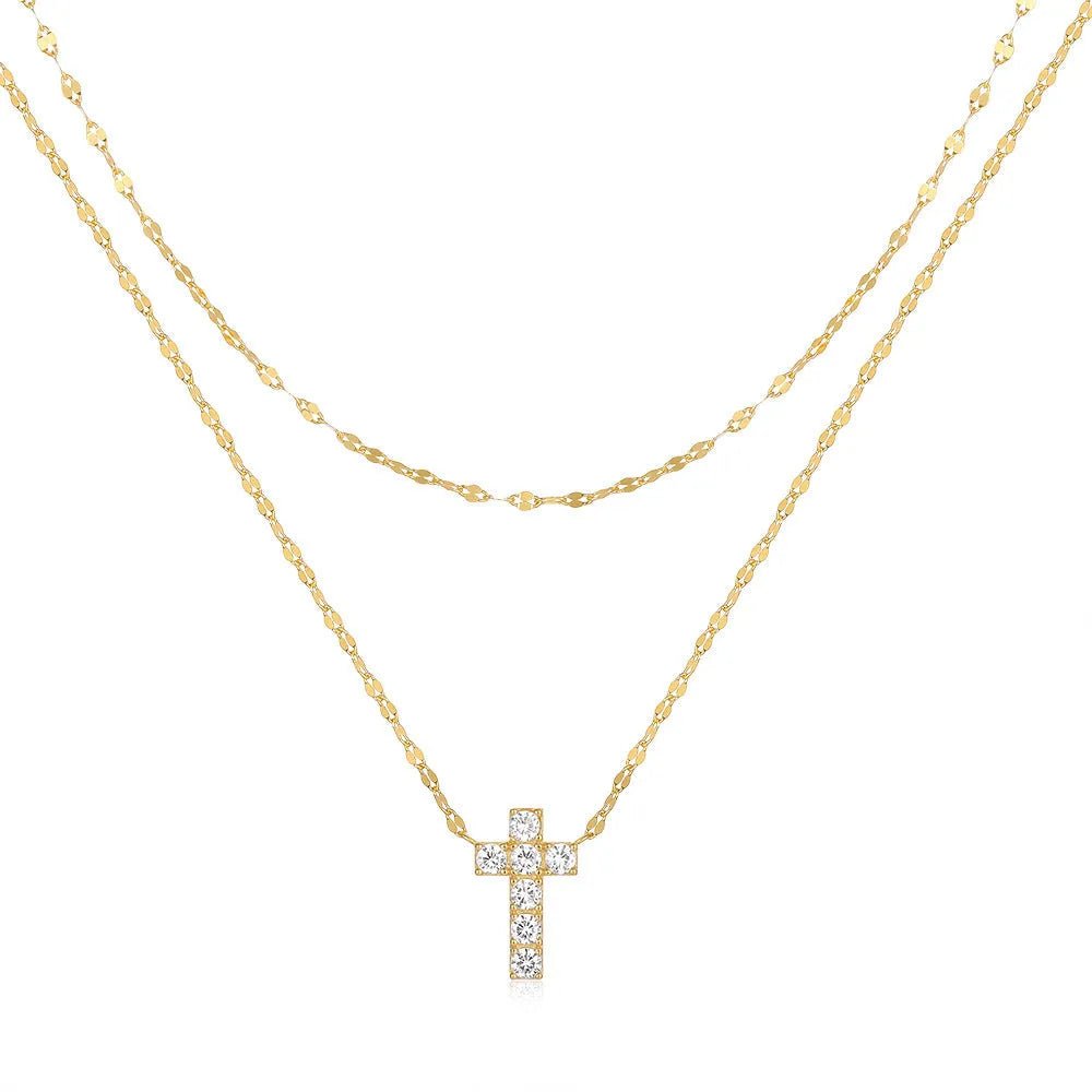 925 sterling silver double layer twin diamond cross necklace on clavicle chain