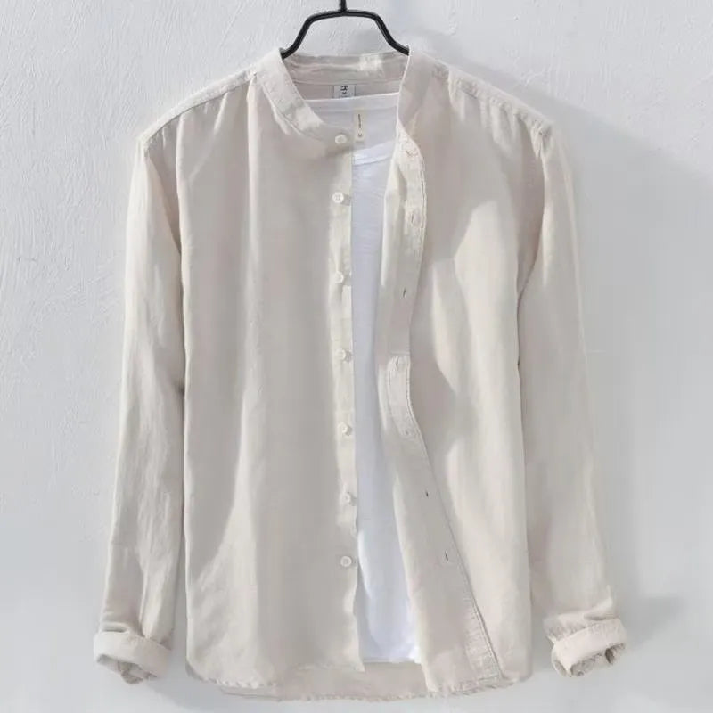 Men's loose fit long sleeve casual shirt in linen-cotton blend, shown in dark blue colour.