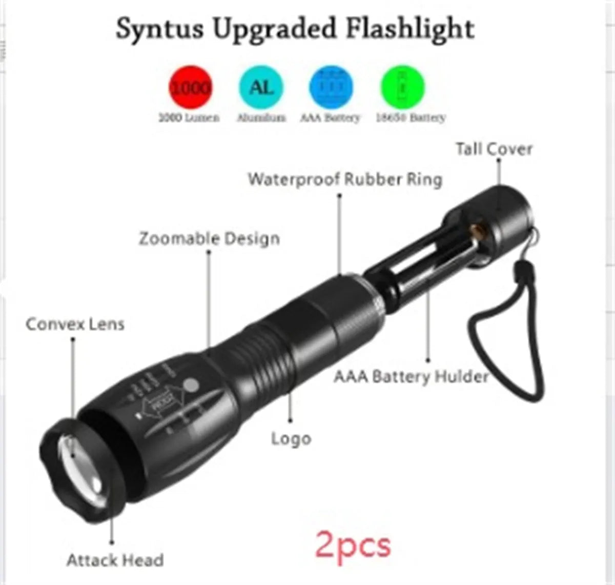 Black aluminium alloy zoomable LED flashlight with adjustable focus head for outdoor use.