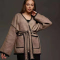 Loose lace-up knitted cardigan sweater coat in white, black, or camel colour with 50cm normal length