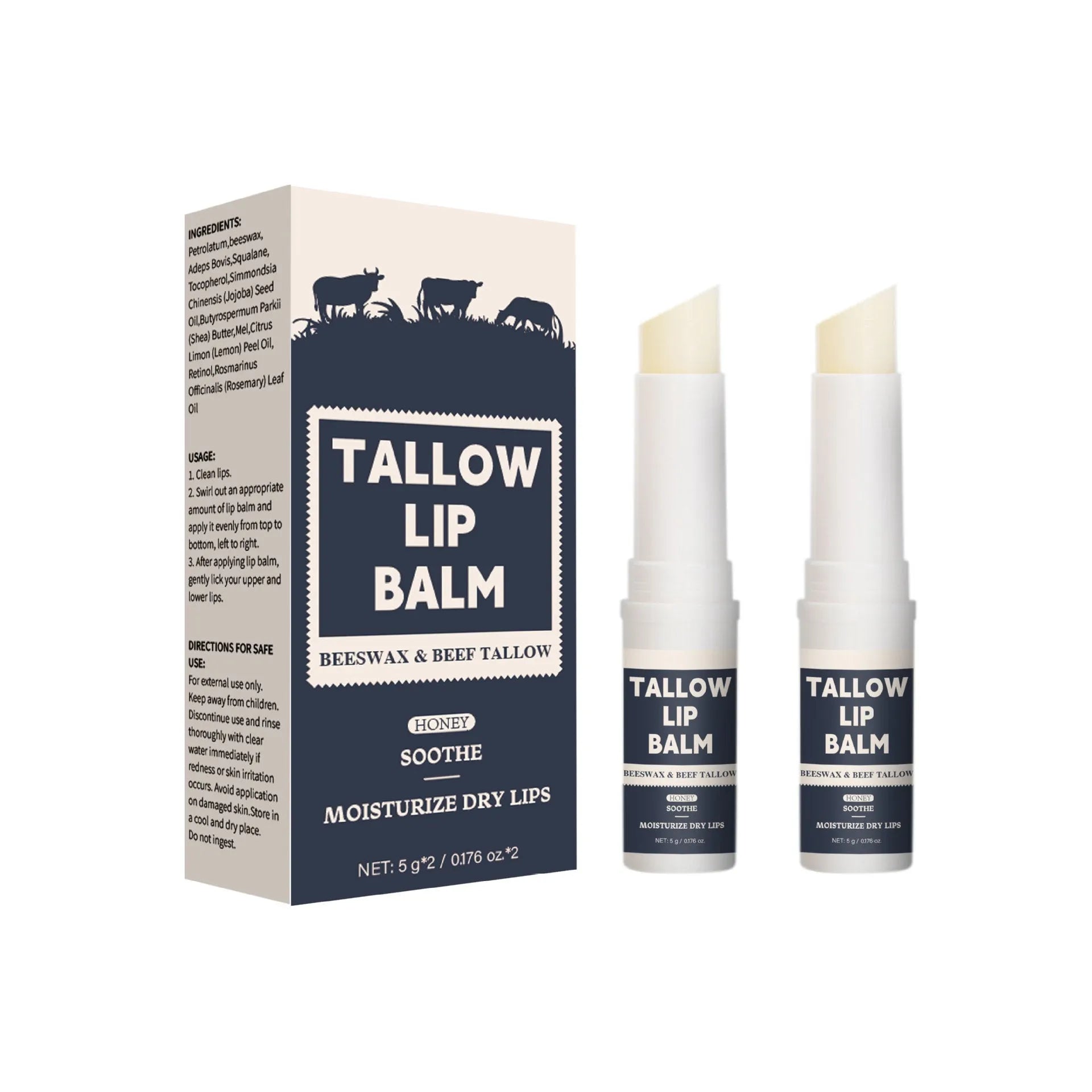 Two standard size beef tallow lip balms in Light Grain Soft Full Lips packaging