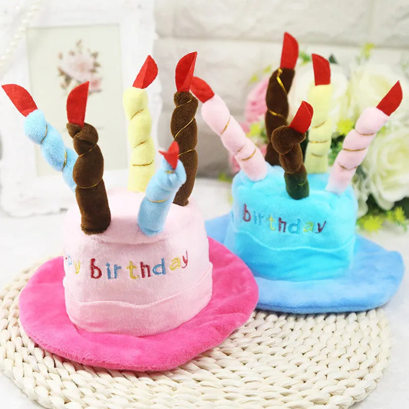 Blue and pink birthday hats for toy dogs showing 21cm width measurement