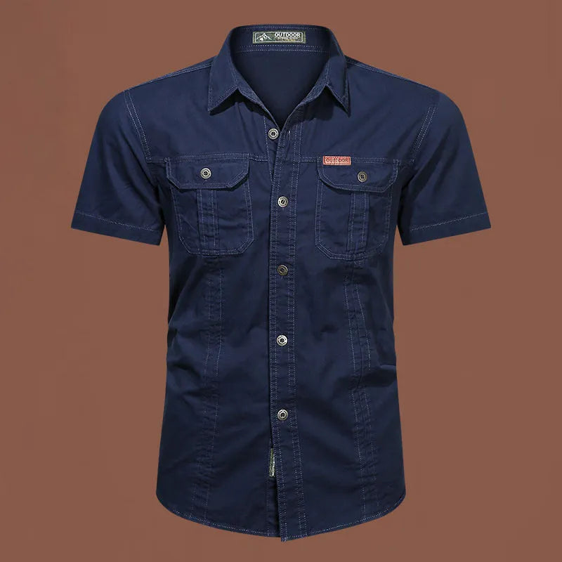 Men's loose fit cotton short sleeve work shirt in army green with non-iron treatment