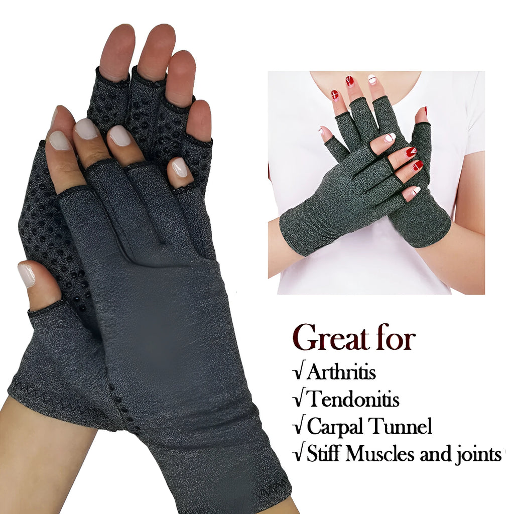 Grey half-finger compression gloves with anti-slip grip made from trueran spandex material
