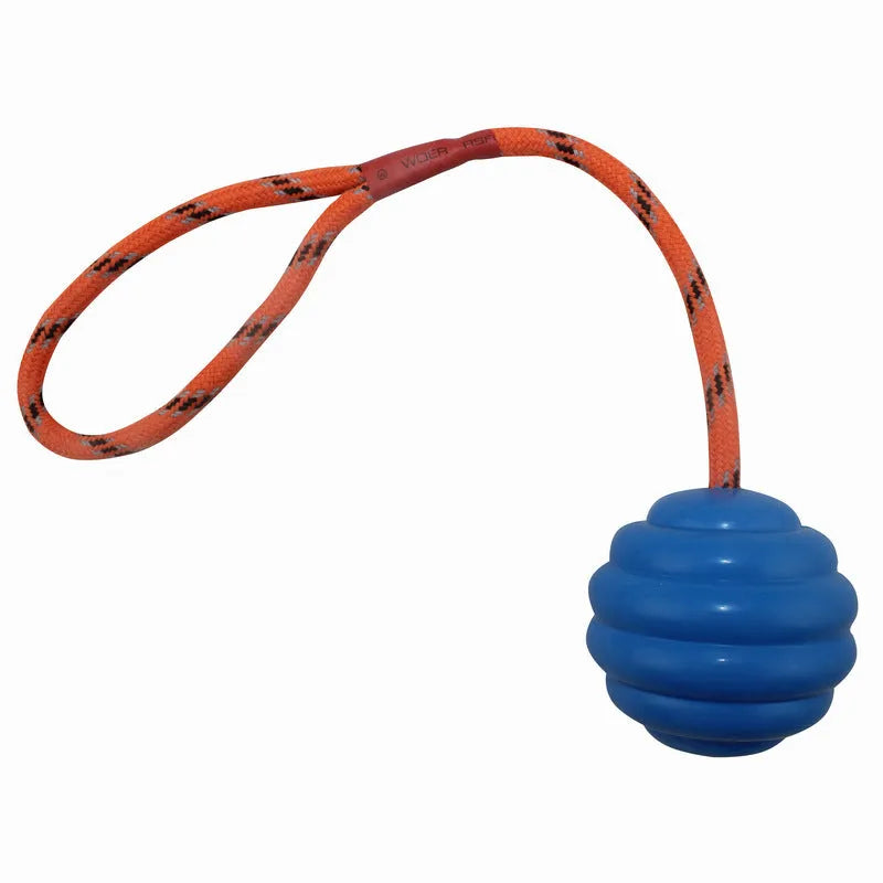 Rubber pet toy ball with rope knots in multiple colours for canine dental cleaning and training