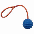 Rubber pet toy ball with rope knots in multiple colours for canine dental cleaning and training