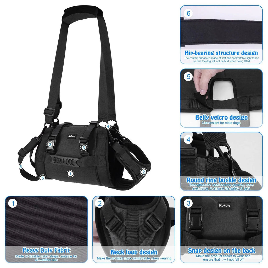 Black Oxford cloth dog harness showing chest strap and leg support system for rehabilitation and outdoor use.
