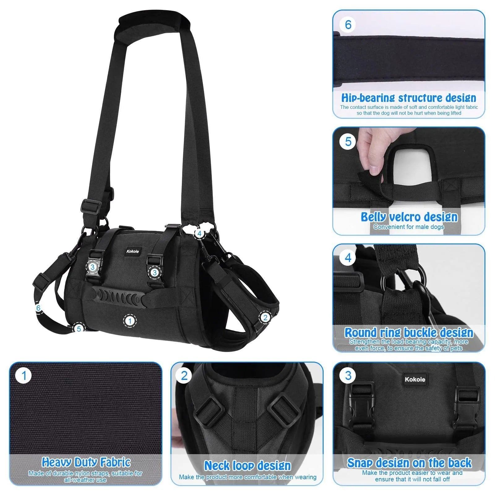 Black Oxford cloth dog harness showing chest strap and leg support system for rehabilitation and outdoor use.