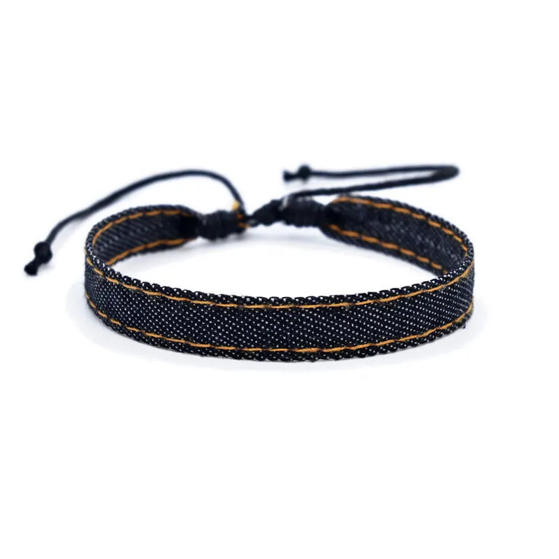 Denim fabric bracelet strap with leather adjustable cord in multiple colour options