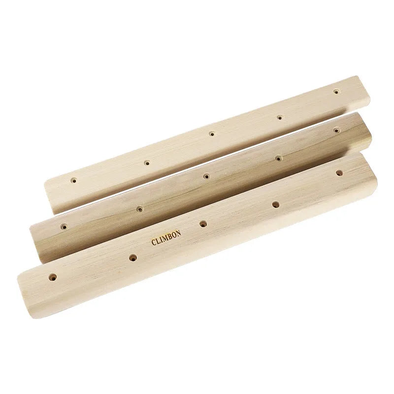 Set of three wooden hangboards for grip strength training, showing different widths and depths.