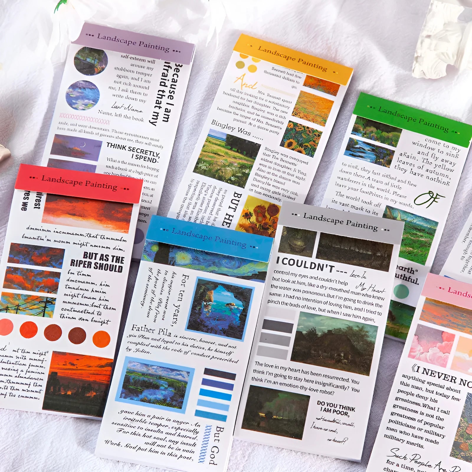 Paper sticker pack showing landscape painting designs with 60x120mm dimensions and eight colour variations