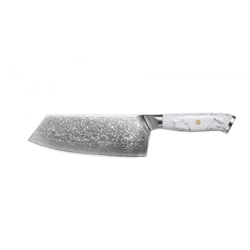 Damascus pattern VG10 steel combined chef knife with 21cm blade on wooden surface