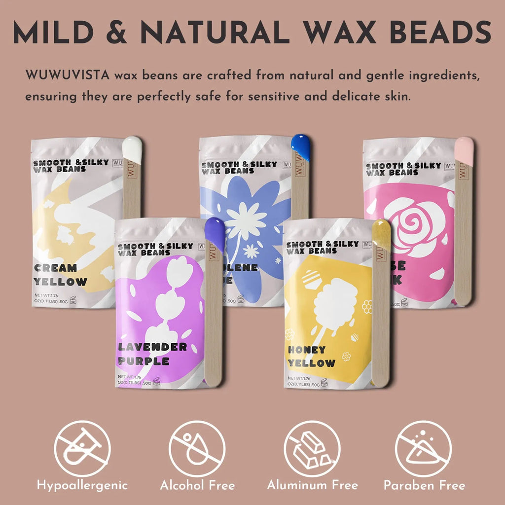 Professional waxing kit with wax warmer, hard wax beans, applicators, and aftercare products for hair removal.