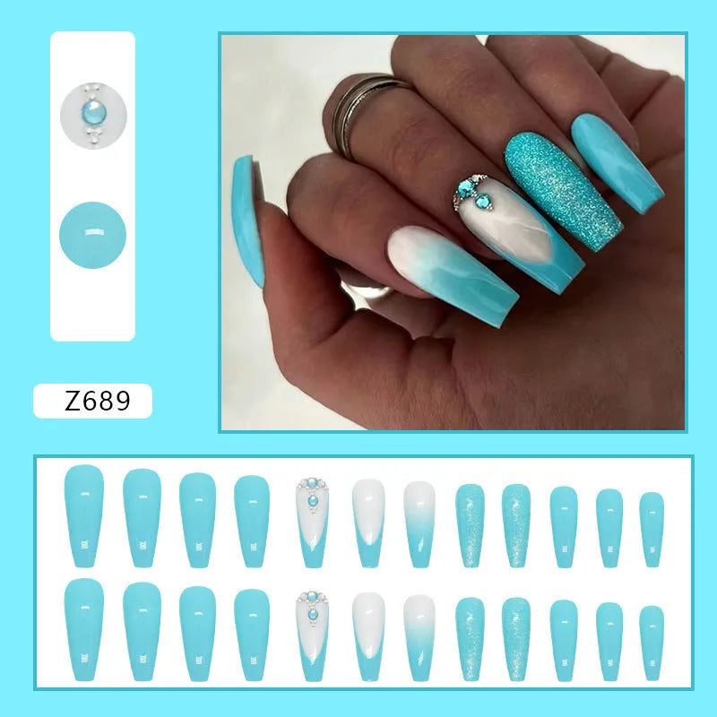 Long ballet nail art patches with smart blue diamond colour and adhesive glue