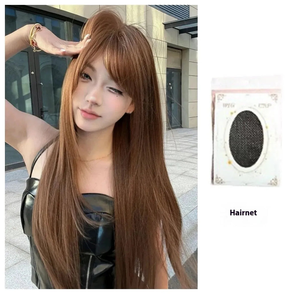 Warm brown long straight synthetic wig with bangs made from high temperature fibre