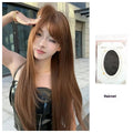 Warm brown long straight synthetic wig with bangs made from high temperature fibre