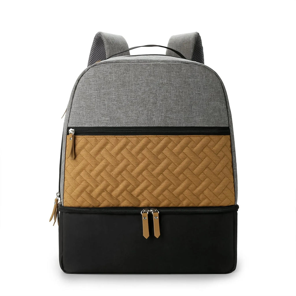 Grey insulated mother and child travel backpack with curved straps and multiple compartments.