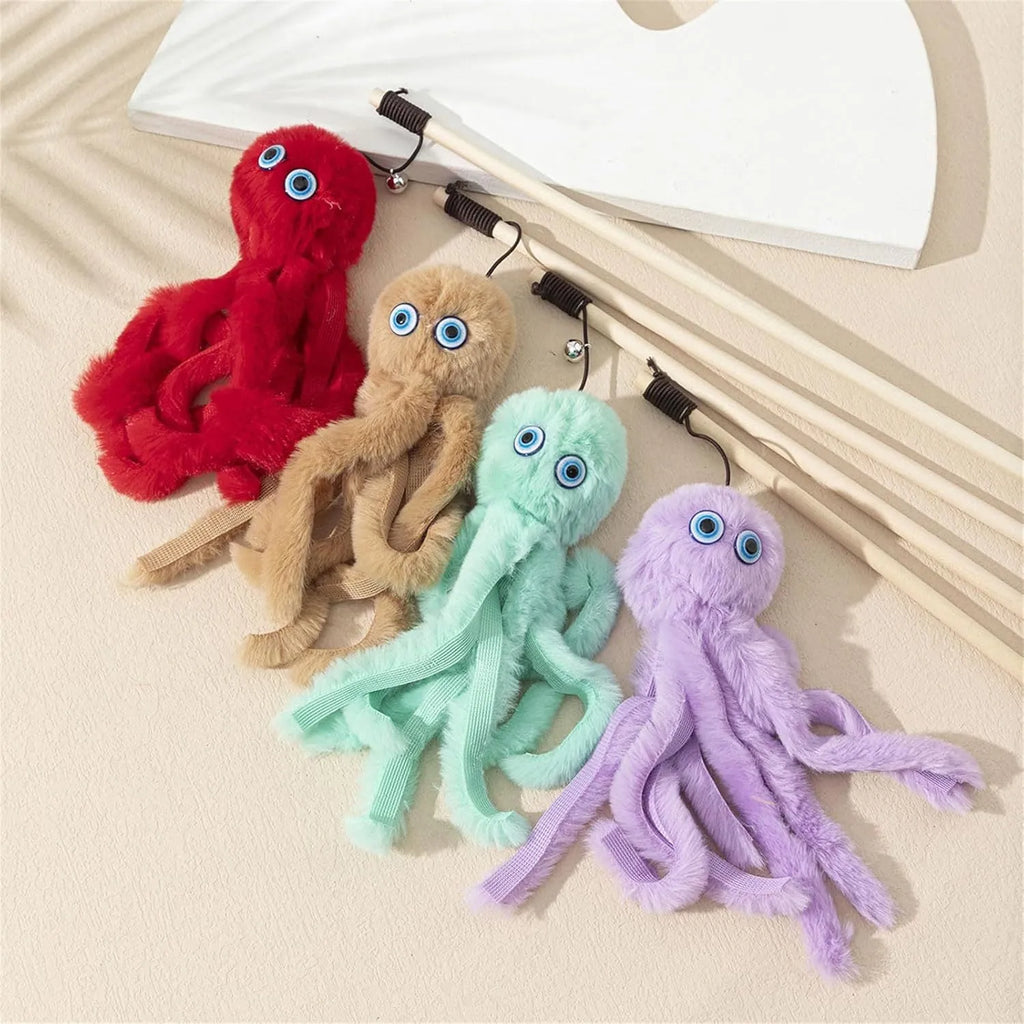 Octopus-themed cat toy on a long stick with bright colours, for interactive indoor play with kittens.