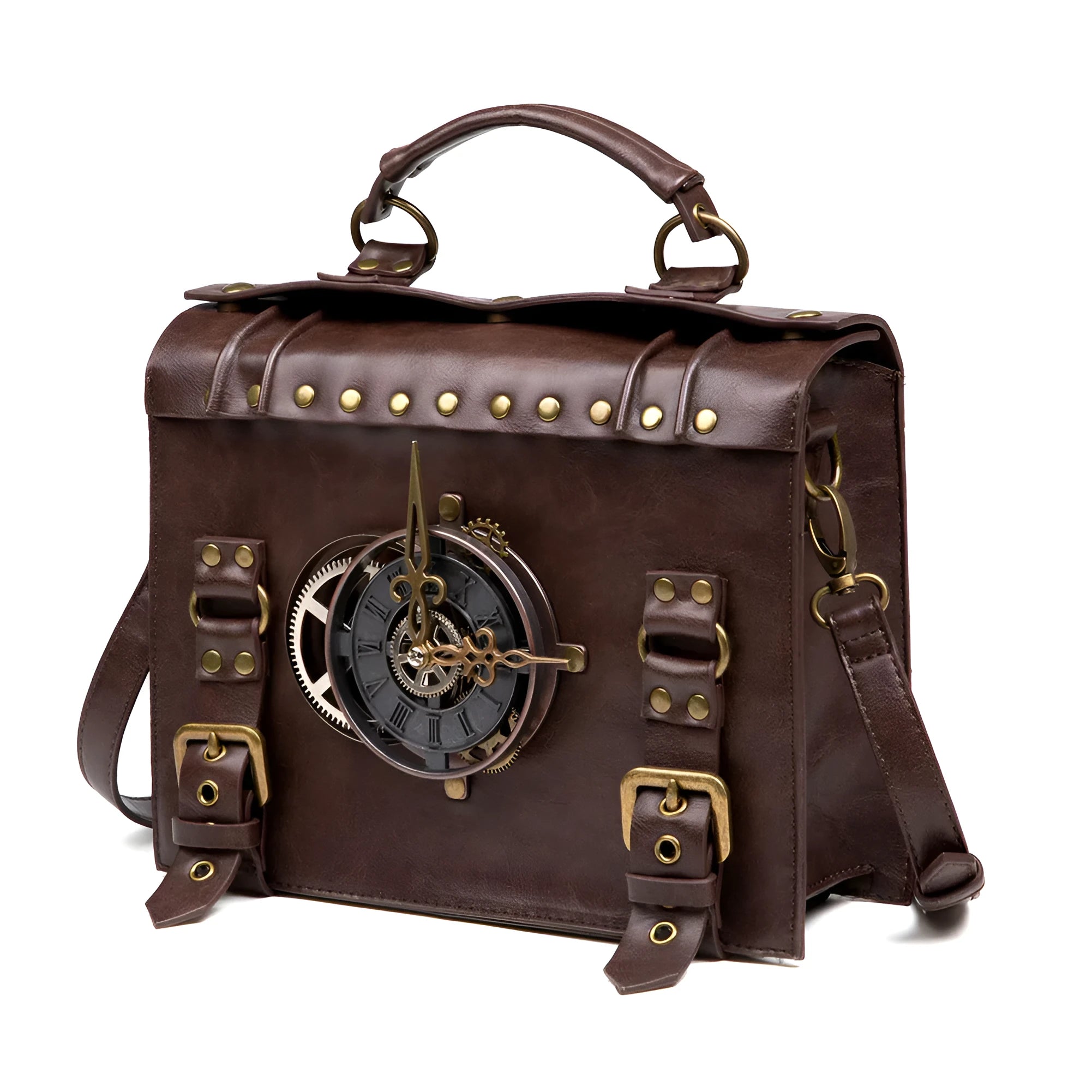 Bronze steampunk industrial retro shoulder bag with metal hardware and pillow bag shape