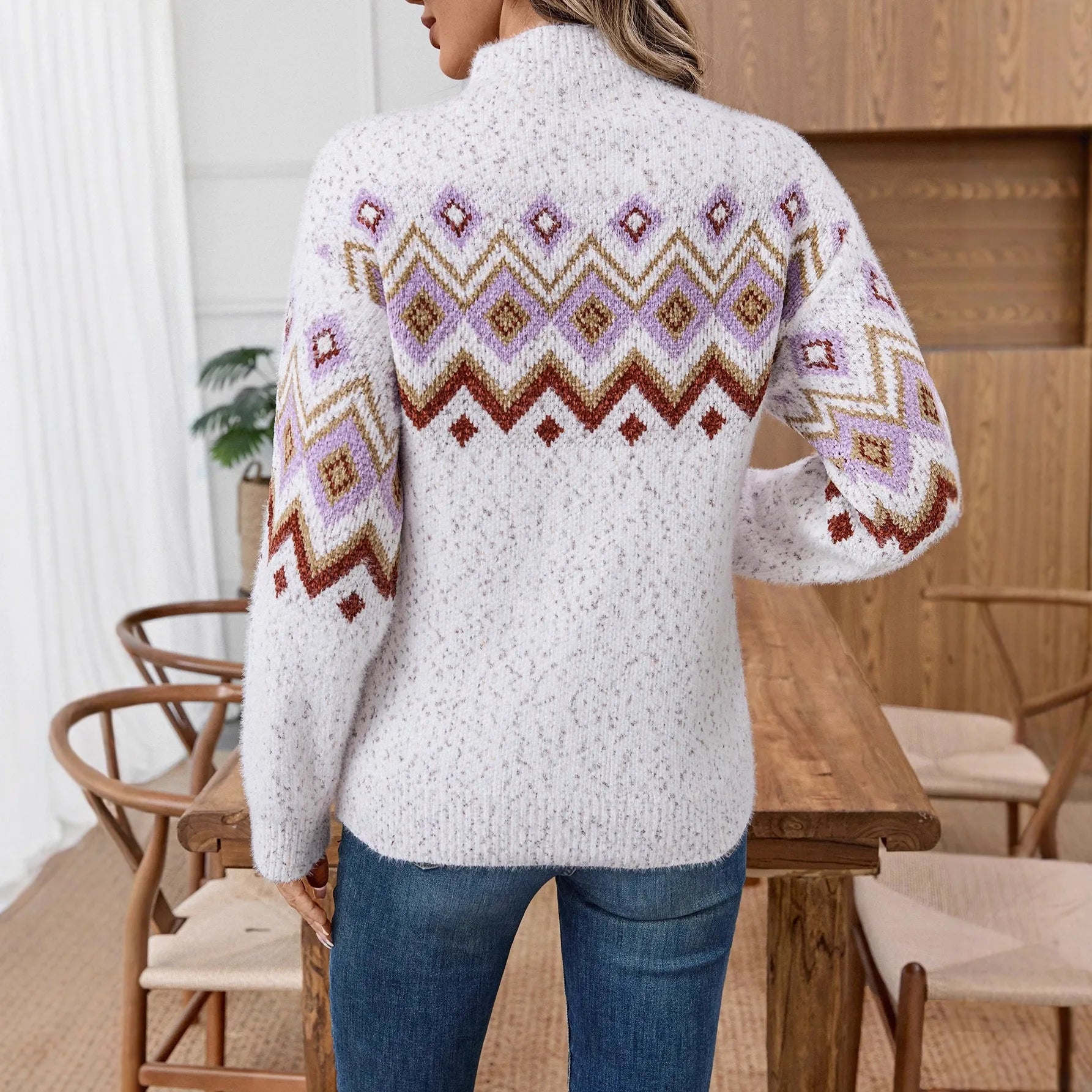 White geometric jacquard half turtleneck loose fit women's sweater with long sleeves
