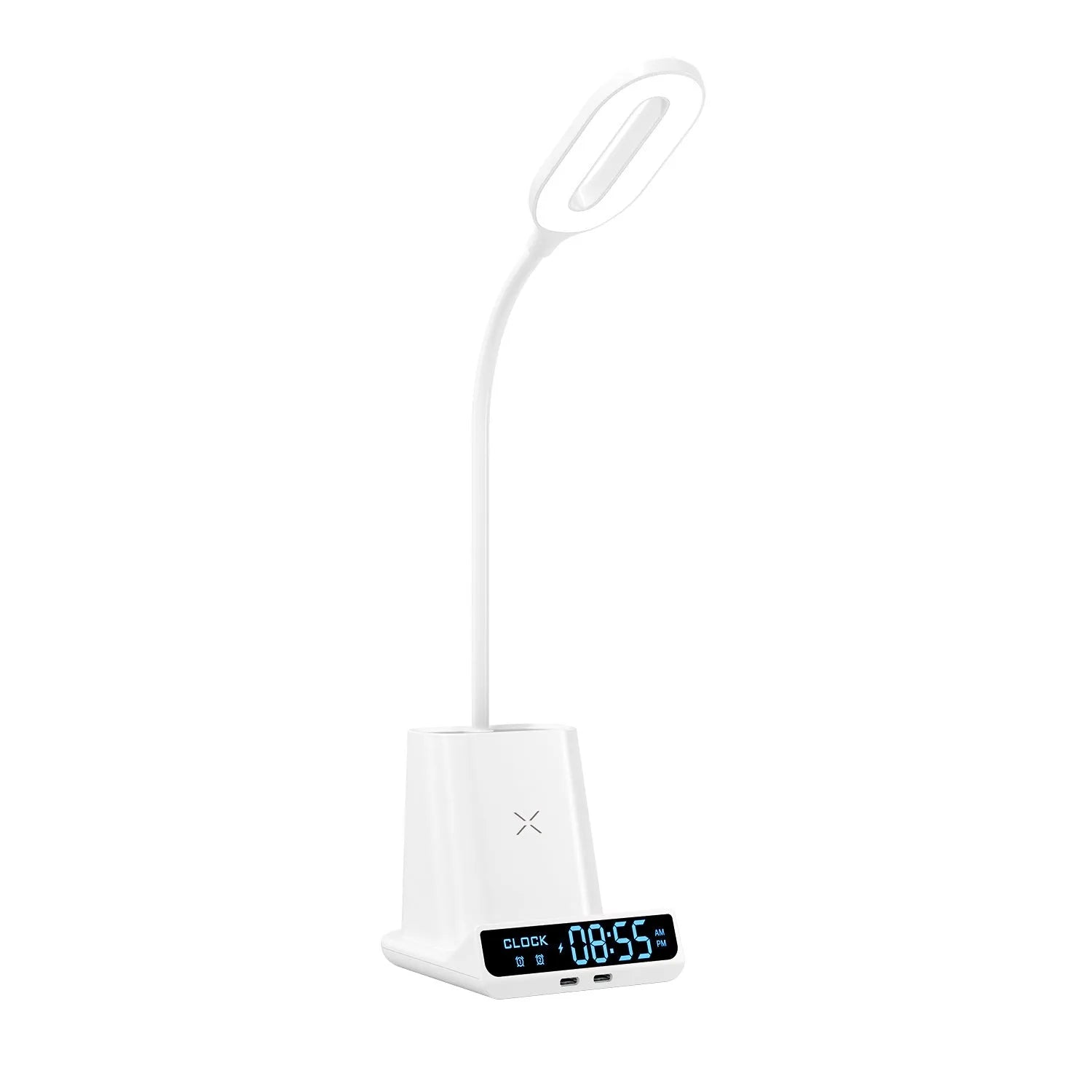 Wireless charging desk lamp with integrated pen holder and storage compartment in modern design