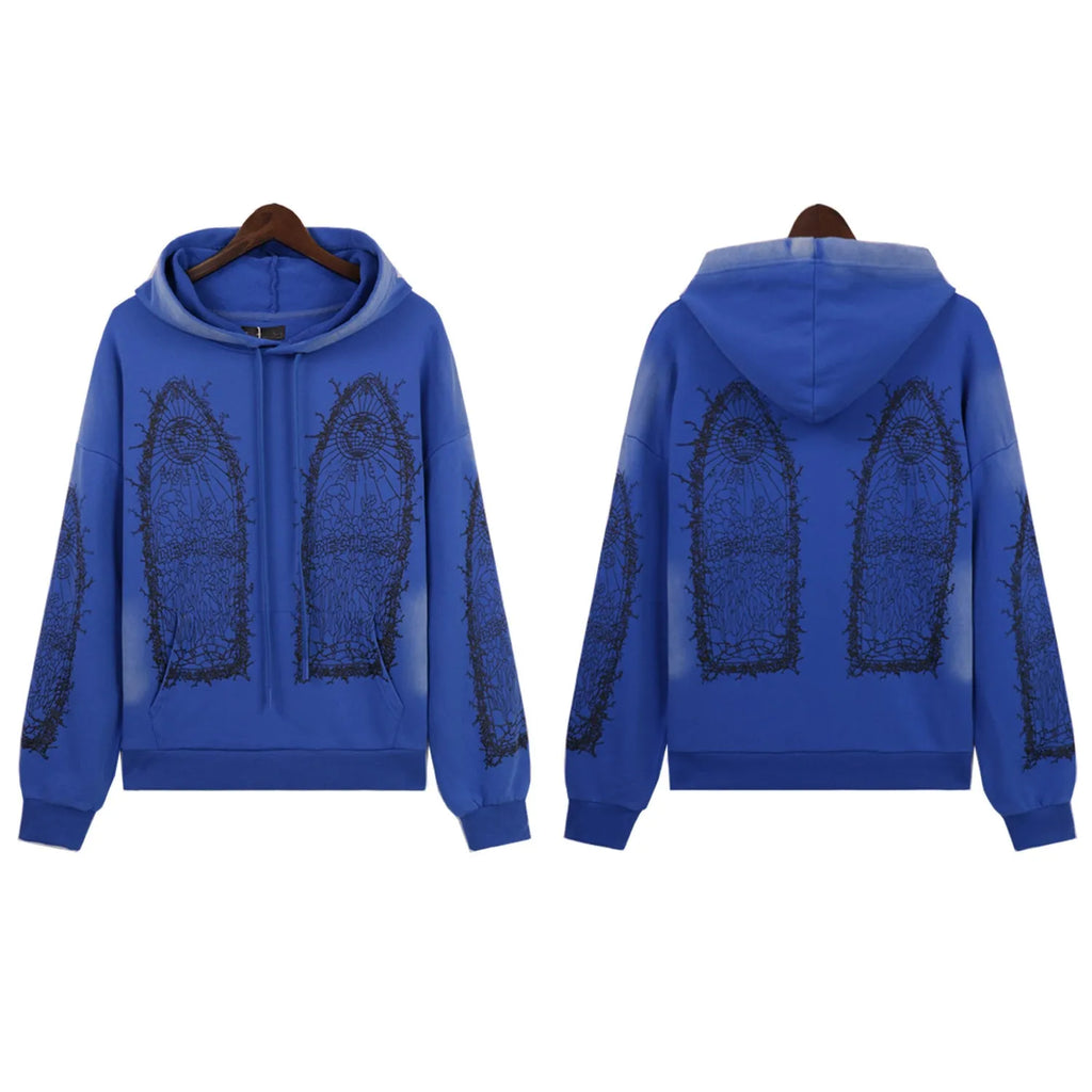 Men's cotton terry distressed letter print pullover sweatshirt with 3D patch pocket in black