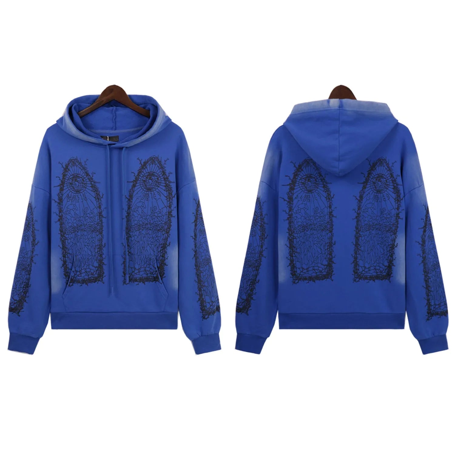 Men's cotton terry distressed letter print pullover sweatshirt with 3D patch pocket in black