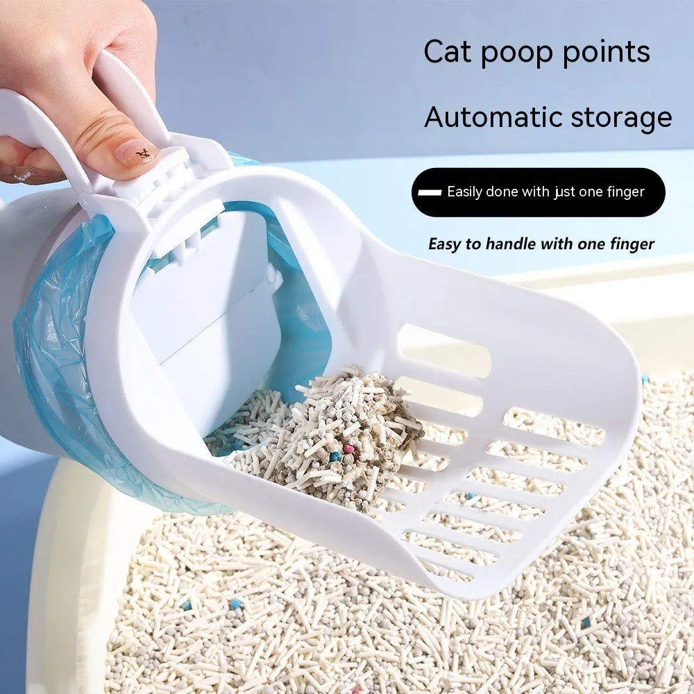 Grey self-cleaning cat litter scoop with attached waste bin and foldable bottom