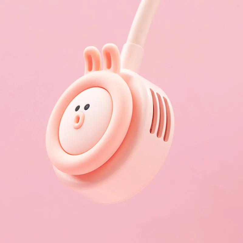 Pink and blue folding hanging neck fan with leafless design and USB port.