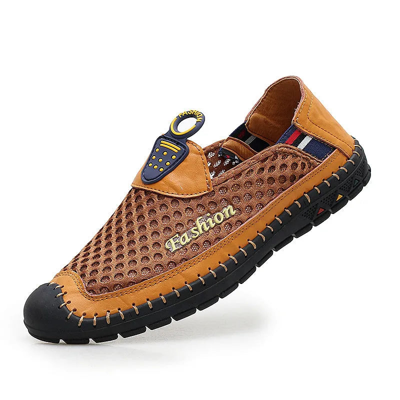 Men's brown breathable mesh casual shoes with round toe and non-slip rubber sole
