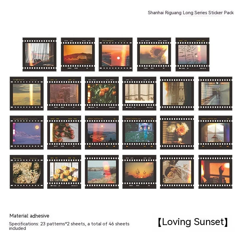 Box of Nordic style decorative stickers showing floral and scenic designs, 46 sheets total, each 44mm square.