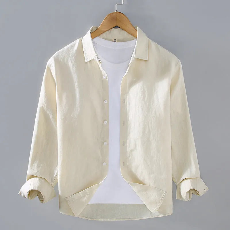 Men's linen shirt in solid colour with cardigan styling and long sleeves