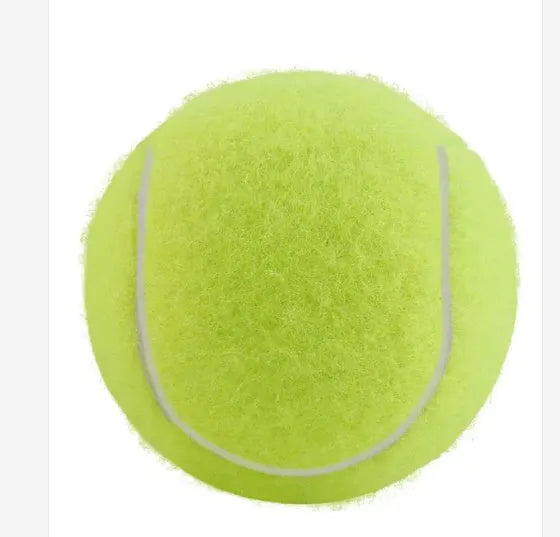 6.3 cm diameter solid rubber dog tennis ball in assorted bright colours on a green lawn.