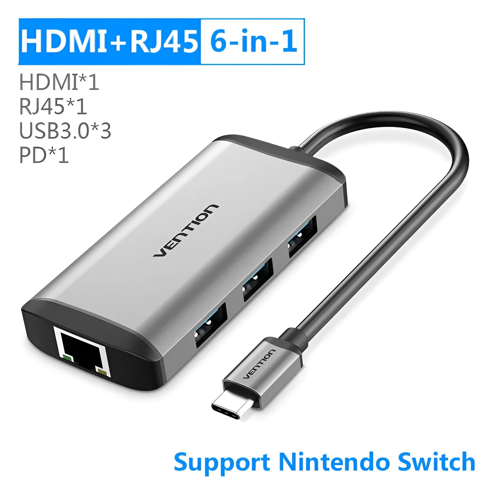 Deep grey USB-C to HDMI, USB 3.0, Ethernet, and card reader multi-port adapter with aluminium construction