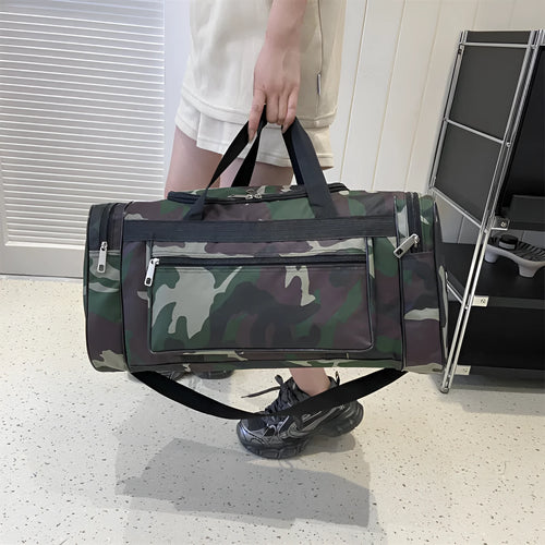 Camouflage coloured waterproof luggage bag with striped interior
