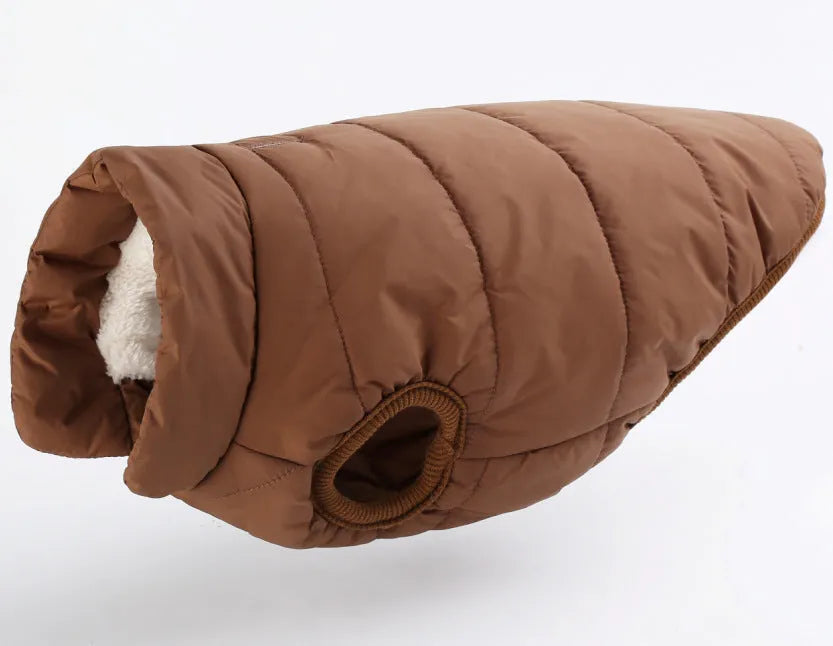 Warm waterproof polyester dog coat in brown with reflective trim for autumn winter outdoor walks