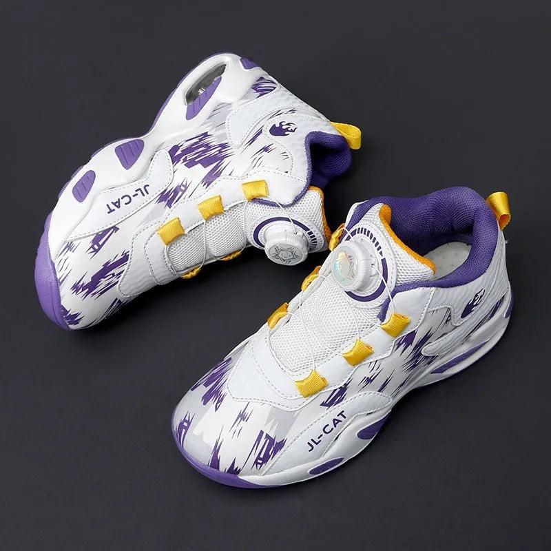 Children's black and colour basketball shoes with a rotating button fastening on the side.