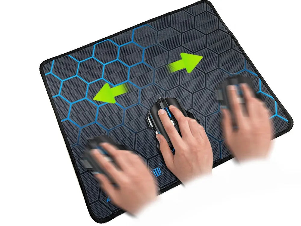 Custom cartoon design silk cloth mouse pad with natural rubber non-slip base in S, M, and L sizes on a desk.