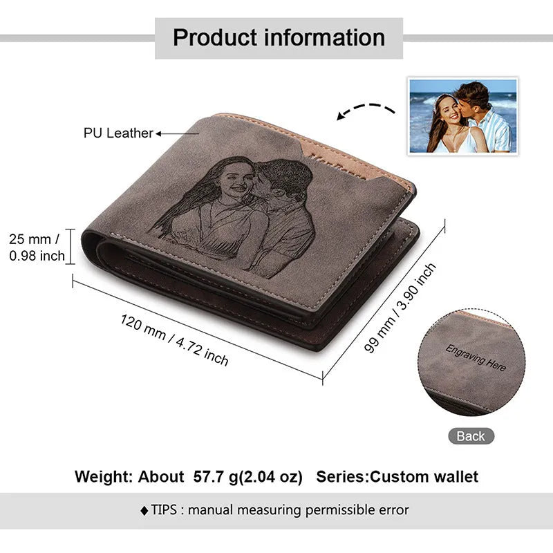 Coffee brown personalised photo engraved horizontal short wallet showing custom design