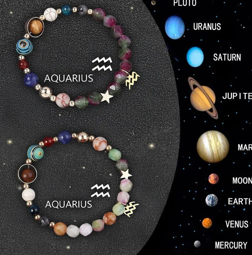Set of two natural stone beaded bracelets for the twelve zodiac signs.