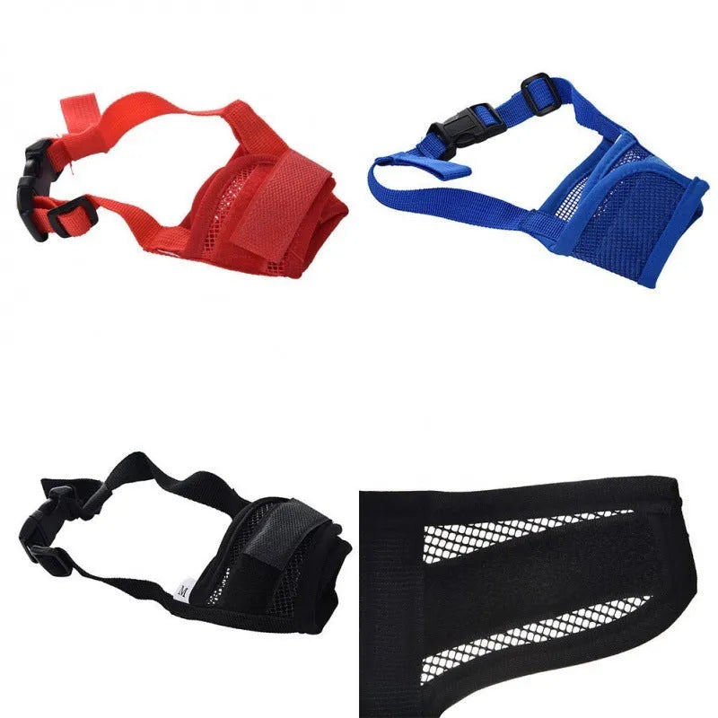 Adjustable plastic dog muzzle in various colours showing snout coverage and head strap attachment