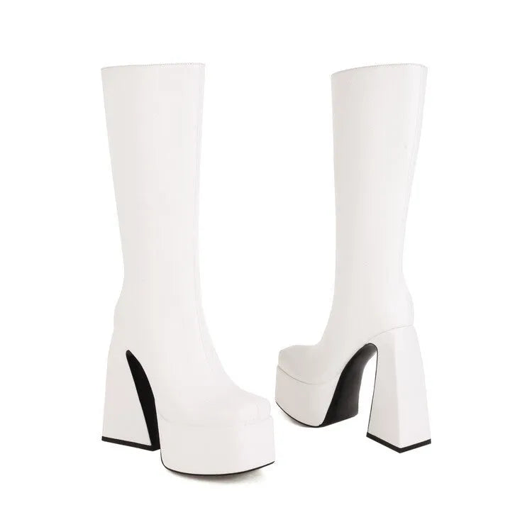 Women's casual high boots in black, red, blue and white colours with artificial PU upper