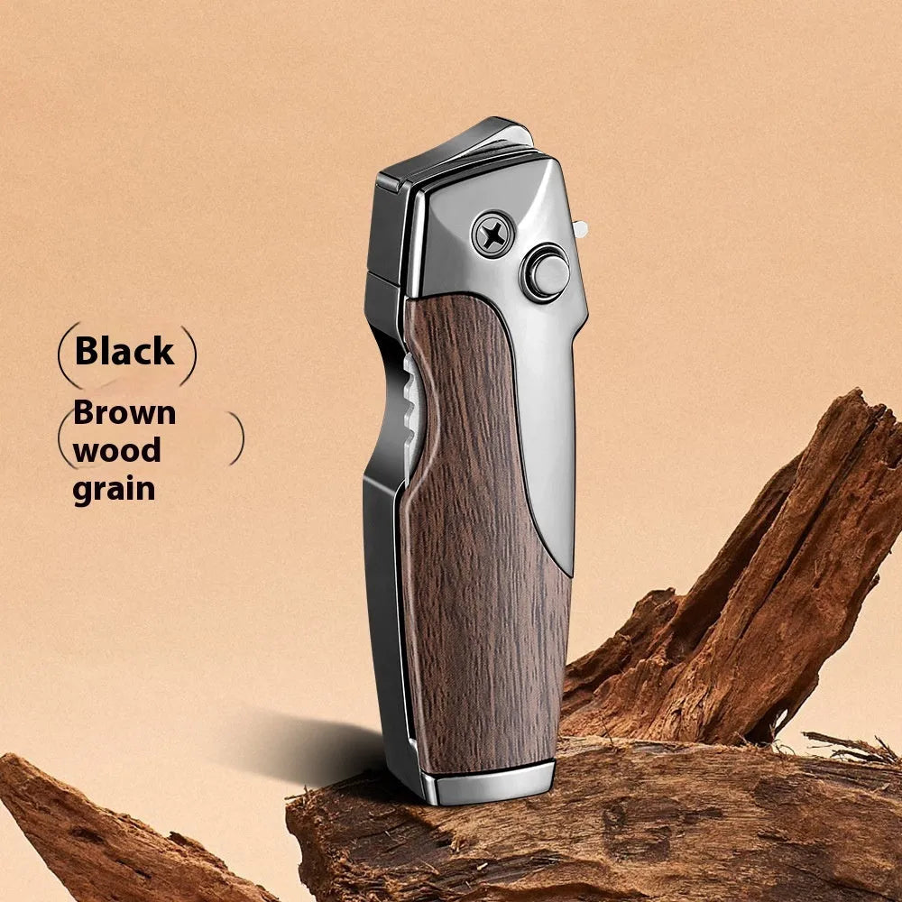 Metal folding lighter with an extended knife blade, shown in a black finish with wood grain texture.