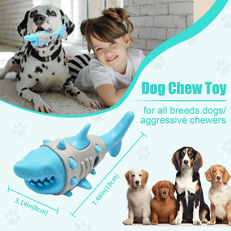 Blue, grey, and yellow shark-tooth shaped dog chew toy with textured surfaces and venting holes.