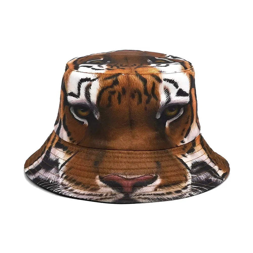 Tiger print polyester bucket hat with dome crown shape for outdoor sun protection