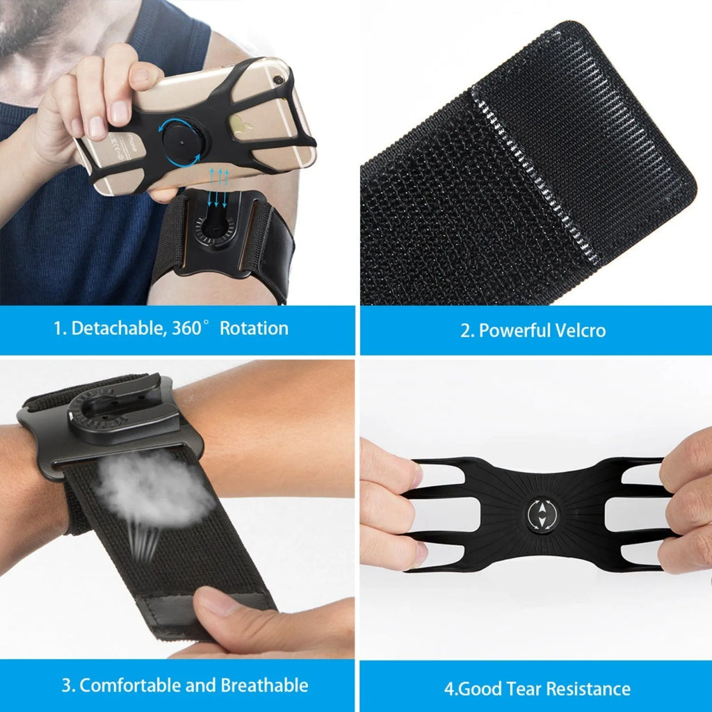 Black 2-in-1 sports phone case with detachable nylon armband and wrist strap on a surface