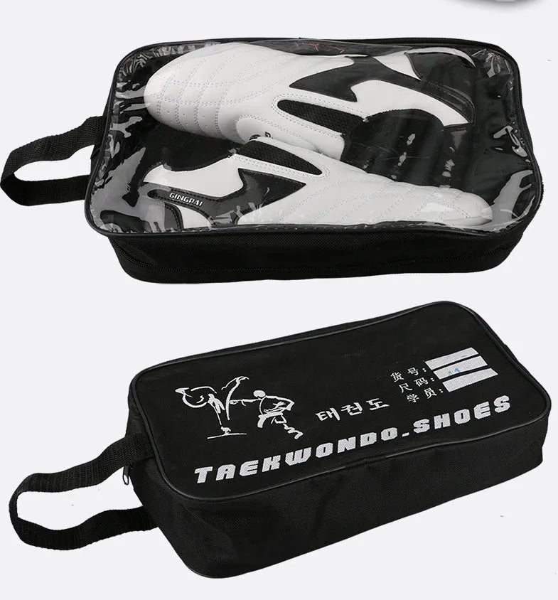 Black and white children's PU martial arts training shoes with soft sole for Taekwondo and Sanda.