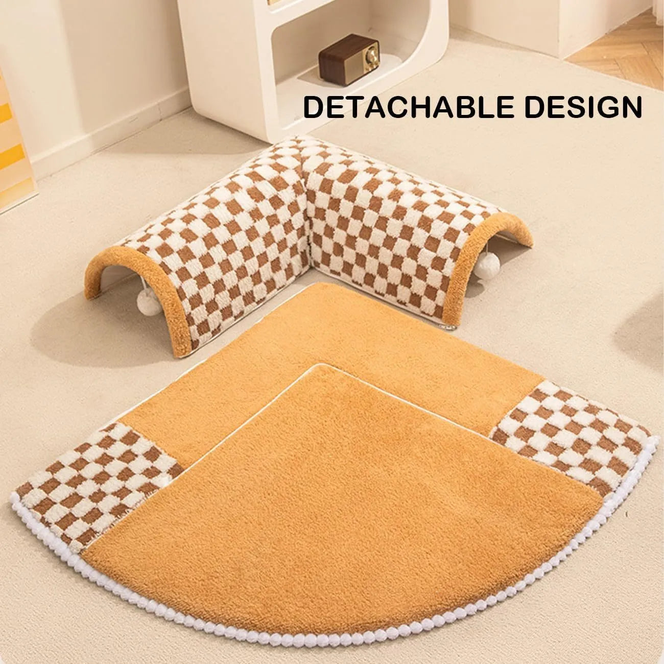 XL fan-shaped plush pet bed with integrated tunnel in coffee colour with plaid pattern