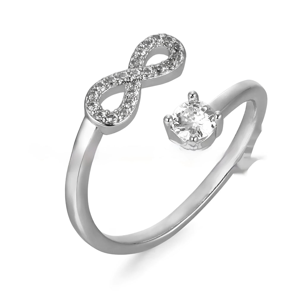 Open geometric ring with engraved letter and inlaid zircon stones in gold, rose gold, or silver finish